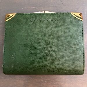 VINTAGE Givenchy Forest Green Bifold Compact Wallet w Gold Tone Accents Leather